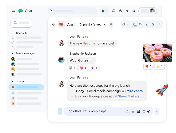 Google Chat conversation showing a message with an image of doughnuts, reactions and a message listing next steps for a new product launch.