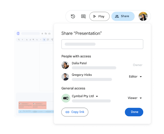 Google Vids share menu displaying user access roles and link sharing options
