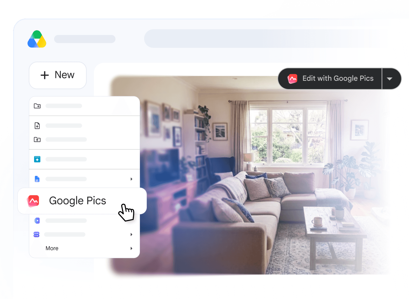 A Google Drive interface shows the “+ New” creation menu with “Google Pics” selected. In the background, an image preview of a furnished living room includes a top header button labeled “Edit with Google Pics”.