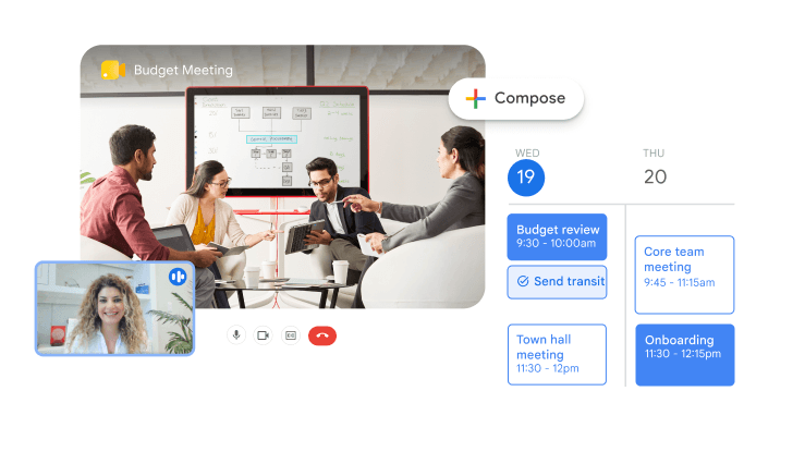 A team uses Google Meet to review a budget flowchart. The image shows the meeting in progress alongside a calendar view of the week's schedule, highlighting the integration between video calls and time management.